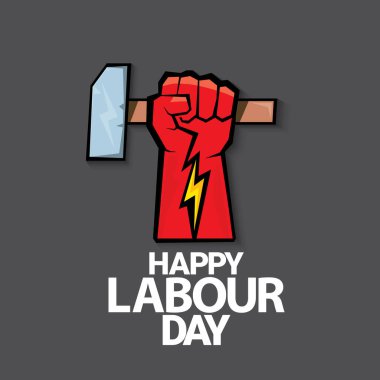 1 Mayıs İşçi Bayramı vektör etiketi gri arka planda, ışınlarla izole edilmiş güçlü bir protesto yumruğuyla. Doğum günün kutlu olsun ya da erkek eli ile afiş. İşçiler Gündüz Posteri