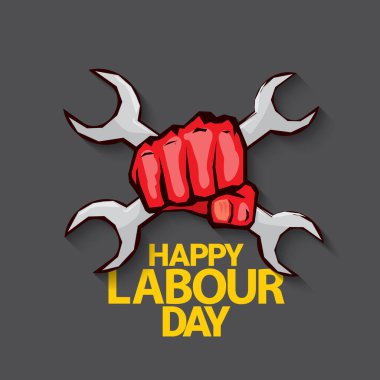 1 Mayıs İşçi Bayramı vektör etiketi gri arka planda, ışınlarla izole edilmiş güçlü bir protesto yumruğuyla. Doğum günün kutlu olsun ya da erkek eli ile afiş. İşçiler Gündüz Posteri