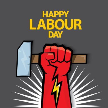 1 Mayıs İşçi Bayramı vektör etiketi gri arka planda, ışınlarla izole edilmiş güçlü bir protesto yumruğuyla. Doğum günün kutlu olsun ya da erkek eli ile afiş. İşçiler Gündüz Posteri