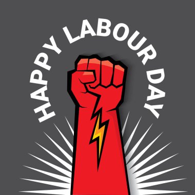 1 Mayıs İşçi Bayramı vektör etiketi gri arka planda, ışınlarla izole edilmiş güçlü bir protesto yumruğuyla. Doğum günün kutlu olsun ya da erkek eli ile afiş. İşçiler Gündüz Posteri