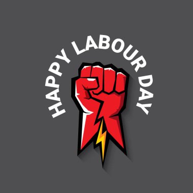 1 Mayıs İşçi Bayramı vektör etiketi gri arka planda, ışınlarla izole edilmiş güçlü bir protesto yumruğuyla. Doğum günün kutlu olsun ya da erkek eli ile afiş. İşçiler Gündüz Posteri