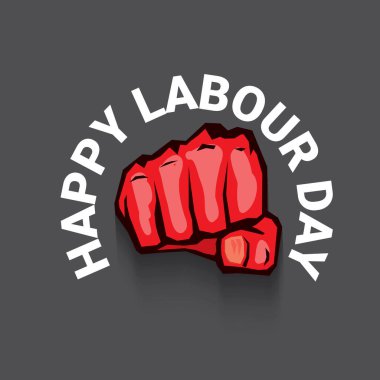 1 Mayıs İşçi Bayramı vektör etiketi gri arka planda, ışınlarla izole edilmiş güçlü bir protesto yumruğuyla. Doğum günün kutlu olsun ya da erkek eli ile afiş. İşçiler Gündüz Posteri