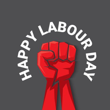 1 Mayıs İşçi Bayramı vektör etiketi gri arka planda, ışınlarla izole edilmiş güçlü bir protesto yumruğuyla. Doğum günün kutlu olsun ya da erkek eli ile afiş. İşçiler Gündüz Posteri