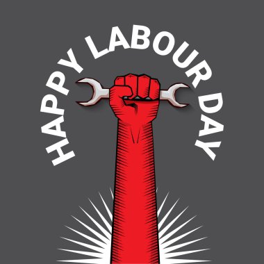 1 Mayıs İşçi Bayramı vektör etiketi gri arka planda, ışınlarla izole edilmiş güçlü bir protesto yumruğuyla. Doğum günün kutlu olsun ya da erkek eli ile afiş. İşçiler Gündüz Posteri