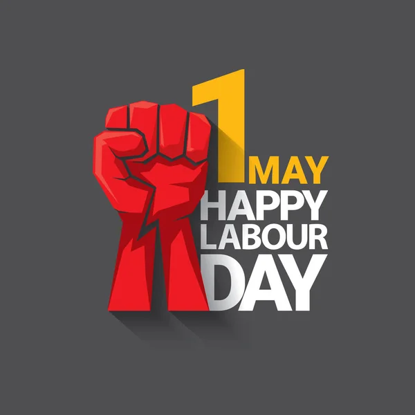 1 may Happy labour day vector label with strong protest fist isolated on grey background with rays. vector happy labor day background or banner with man hand. workers may day poster — Stock Vector