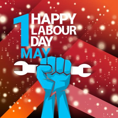 1 Mayıs İşçi Bayramı vektör etiketi güçlü protesto yumruğuyla kırmızı arka planda izole edilmiş ışınlarla. Doğum günün kutlu olsun ya da erkek eli ile afiş. İşçiler Gündüz Posteri
