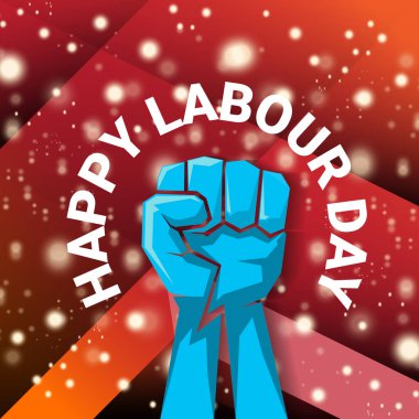 1 Mayıs İşçi Bayramı vektör etiketi güçlü protesto yumruğuyla kırmızı arka planda izole edilmiş ışınlarla. Doğum günün kutlu olsun ya da erkek eli ile afiş. İşçiler Gündüz Posteri