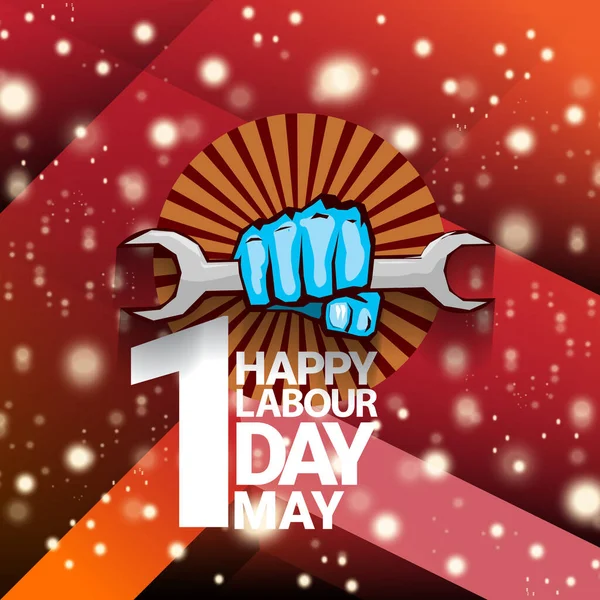 1 Μάιος Ευτυχισμένη ημέρα εργασίας διάνυσμα ετικέτα με ισχυρή γροθιά διαμαρτυρία απομονώνονται σε κόκκινο φόντο με ακτίνες. διάνυσμα χαρούμενη ημέρα εργασίας φόντο ή πανό με το χέρι του ανθρώπου. εργαζόμενοι μπορούν αφίσα ημέρα — Διανυσματικό Αρχείο