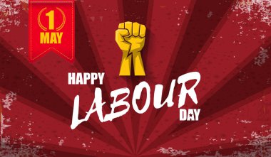 Kırmızı ışınlarla izole edilmiş güçlü turuncu yumruklu İşçi Bayramı vektör etiketi. Doğum günün kutlu olsun ya da erkek eli ile yatay afiş. kırmızı işçiler afiş yapabilir