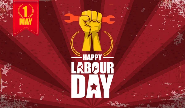 stock vector Happy labour day vector label with strong orange fist isolated on red rays horizontal background. vector happy labor day background or horizontal banner with man hand. red workers may day poster