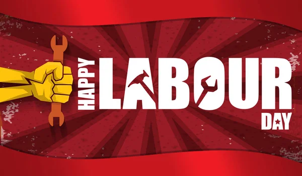 Happy labour day vector label with strong orange fist isolated on red rays horizontal background. vector happy labor day background or horizontal banner with man hand. red workers may day poster