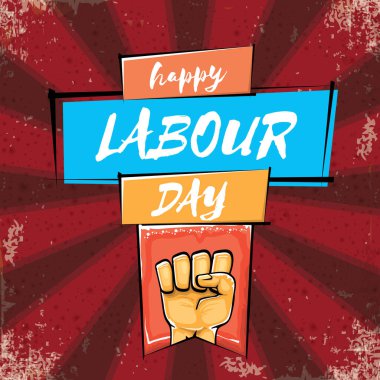 Işınlar ile izole edilmiş güçlü turuncu elli İşçi Bayramı vektör etiketi. İnsan eliyle mutlu işçi günü geçmişi. kırmızı işçiler poster tasarımı yapabilir