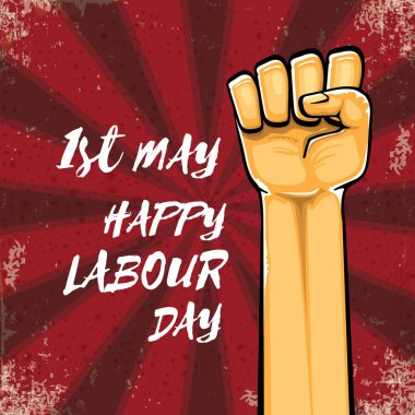 Işınlar ile izole edilmiş güçlü turuncu elli İşçi Bayramı vektör etiketi. İnsan eliyle mutlu işçi günü geçmişi. kırmızı işçiler poster tasarımı yapabilir