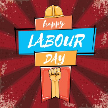 Işınlar ile izole edilmiş güçlü turuncu elli İşçi Bayramı vektör etiketi. İnsan eliyle mutlu işçi günü geçmişi. kırmızı işçiler poster tasarımı yapabilir