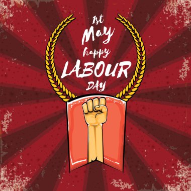 Işınlar ile izole edilmiş güçlü turuncu elli İşçi Bayramı vektör etiketi. İnsan eliyle mutlu işçi günü geçmişi. kırmızı işçiler poster tasarımı yapabilir