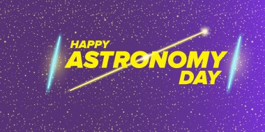 Gece yıldızları ve galaksiyle astronomi gününüz kutlu olsun. Vektör Uluslararası Astronomi Günü afişi veya yıldızlı karanlık gökyüzü ile poster tasarımı şablonu