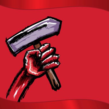 Kırmızı arka planda izole edilmiş çekiç tutan kırmızı protesto yumruğu. 1 Mayıs İşçi Bayramı konsepti el çizimi, pençe çekiçli karalama yumruğu