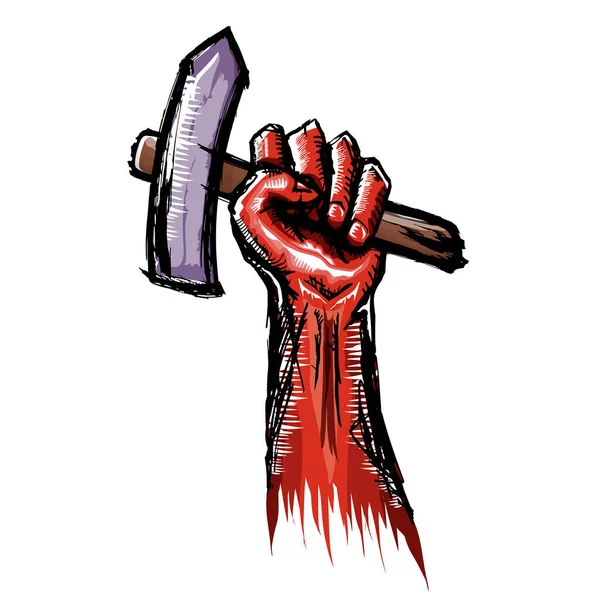 Векторний червоний кулак протесту, що тримає молоток ізольовано на білому тлі. 1 травня Концепція робочого дня ілюстрація з мальованим кулаком каракулі з кігтем молотком — стоковий вектор