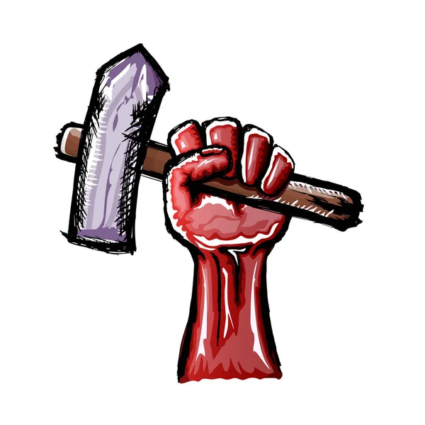 Vector rood protest vuist hamer geïsoleerd op witte achtergrond. 1 mei Labor day concept illustratie met de hand getekend doodle vuist met klauwhamer — Stockvector