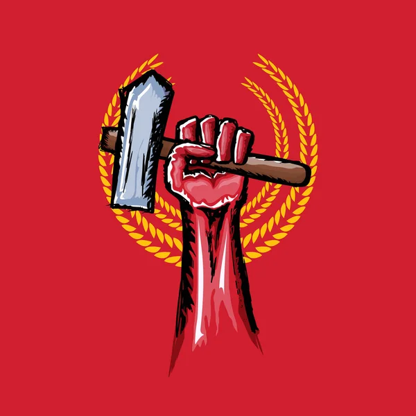 Vector red protest fist holding hammer isolated on red background. 1 may Labor day concept illustration with hand drawn doodle fist with claw hammer — Stock Vector