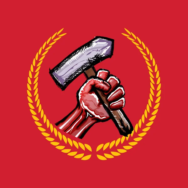Puño rojo vectorial de protesta sosteniendo martillo aislado sobre fondo rojo. 1 mayo Ilustración del concepto del día del trabajo con puño de garra dibujado a mano con martillo de garra — Vector de stock