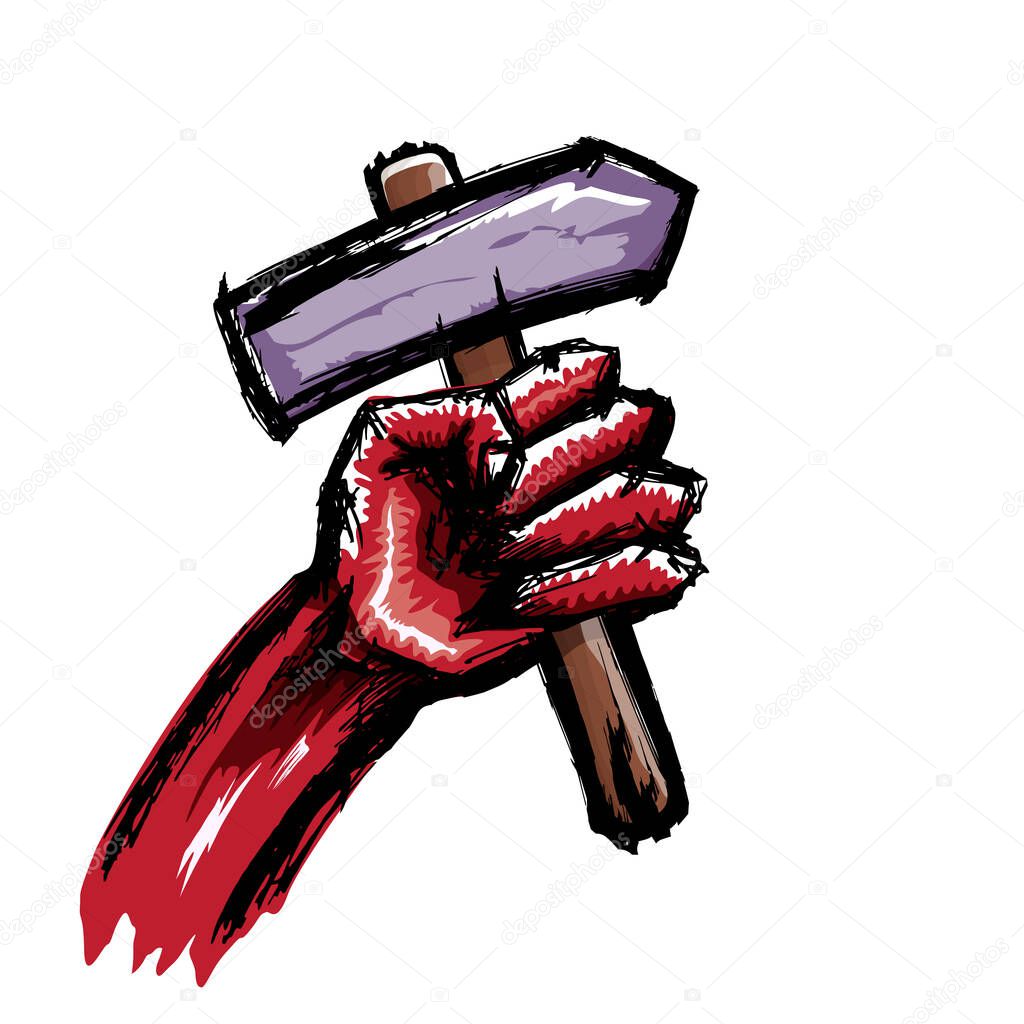 Vector red protest fist holding hammer isolated on white background. 1 may Labor day concept illustration with hand drawn doodle fist with claw hammer