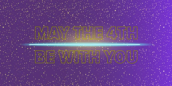 Que el 4 de mayo sea con ustedes la ilustración vectorial de felicitaciones navideñas con texto en el fondo del espacio nocturno con estrellas brillantes. Que el cuarto sea con tus letras. plantilla de diseño del cartel del día de Star Wars — Archivo Imágenes Vectoriales