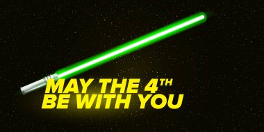 Ayın 4 'ü, parlayan neon ışıklı kılıçla ve parlayan yıldızlı siyah uzay arkaplanındaki metinle vektör illüstrasyonunu selamlamak için sizinle olsun. Dördüncüsü de seninle olsun. Yıldız Savaşları posteri