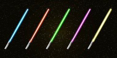 Mavi, kırmızı, yeşil, pembe ve sarı lazerli ışın kılıcı yıldızlı kara galaksi arka planında izole edildi. Ayın 4 'ü, parlak ışıklı neon kılıçlı vektör illüstrasyonlu olsun. Yıldız Savaşları posteri