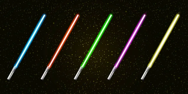 Blaues, rotes, grünes, rosafarbenes und gelbes Laserschwert-Lichtschwert, isoliert auf sternenschwarzem Galaxienhintergrund. Möge der 4. mit Vektor-Illustration mit neonglühendem Schwert sein. Sternenkriegsplakat — Stockvektor