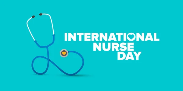 病媒国际护士日贺卡或水平横幅与听诊器隔离蓝色背景。矢量护士日图标或符号设计模板 — 图库矢量图片