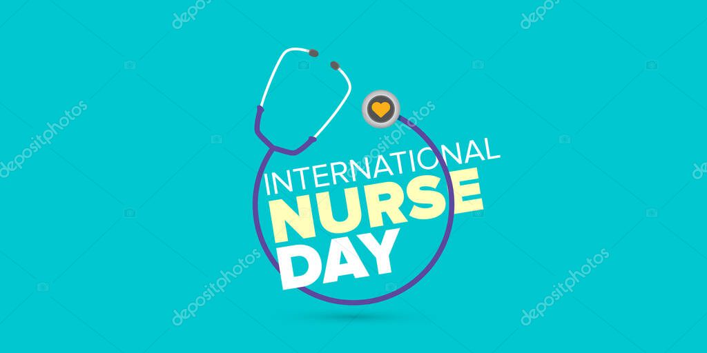 Vector international nurse day greeting card or horizontal banner with stethoscope isolated on azure background. vector nurses day icon or sign design template elements