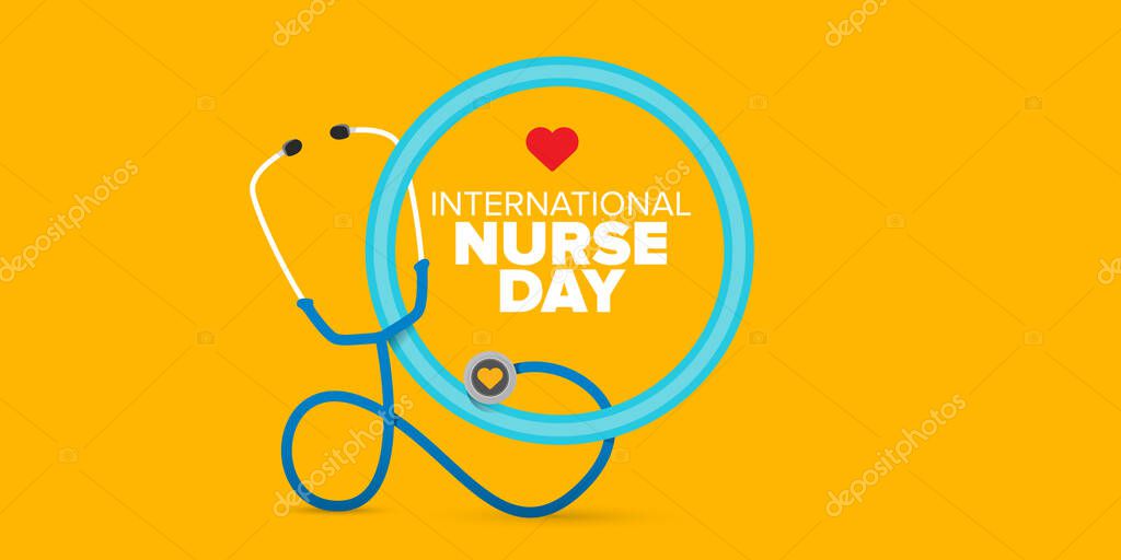 Vector international nurse day greeting horizontal banner with stethoscope and greeting text isolated on orange background. vector nurses day icon or poster design template