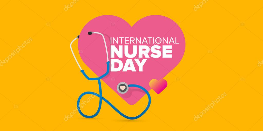 Vector international nurse day greeting horizontal banner with stethoscope and greeting text isolated on orange background. vector nurses day icon or poster design template