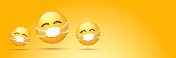 Stickers Infirmière Vector Emoji sertis d'un masque de protection médicale de la bouche isolé sur fond horizontal orange. Visage jaune sourire personnage avec masque de chirurgien blanc. Concept d'auto-isolation ilustration — Image vectorielle