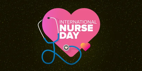 病媒国际护士日贺卡或水平横幅与听诊器隔离在粗糙的黑色背景。矢量护士日图标或符号设计模板 — 图库矢量图片