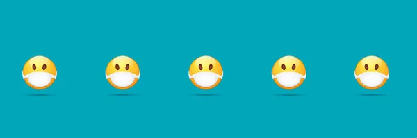 Vector Emoji enfermeira adesivos conjunto com máscara de proteção médica boca isolado em fundo horizontal azul. Amarelo sorriso rosto personagem com máscara de cirurgião branco. Auto-isolamento ilustração conceito — Vetor de Stock