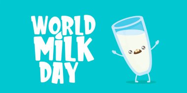 Dünya Süt Günü, mavi arka planda izole edilmiş komik çizgi film karakteriyle yatay afişi selamlıyor. Çocuklar, kawaii yemekleri ve komik karakterlerle mutlu süt günü çizimleri..