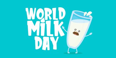 Dünya Süt Günü, mavi arka planda izole edilmiş komik çizgi film karakteriyle yatay afişi selamlıyor. Çocuklar, kawaii yemekleri ve komik karakterlerle mutlu süt günü çizimleri..