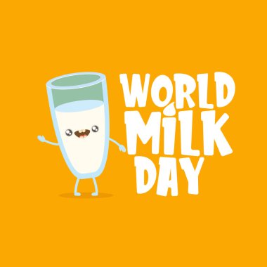 Dünya Süt Günü afişi, arka planda izole edilmiş komik, sevimli, gülümseyen süt bardağı karakteriyle kutlanıyor. Çocuklar, kawaii yemekleri ve komik karakterlerle mutlu süt günü çizimleri..