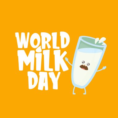 Dünya Süt Günü afişi, arka planda izole edilmiş komik, sevimli, gülümseyen süt bardağı karakteriyle kutlanıyor. Çocuklar, kawaii yemekleri ve komik karakterlerle mutlu süt günü çizimleri..