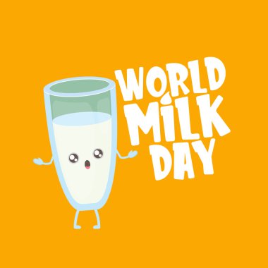 Dünya Süt Günü afişi, arka planda izole edilmiş komik, sevimli, gülümseyen süt bardağı karakteriyle kutlanıyor. Çocuklar, kawaii yemekleri ve komik karakterlerle mutlu süt günü çizimleri..