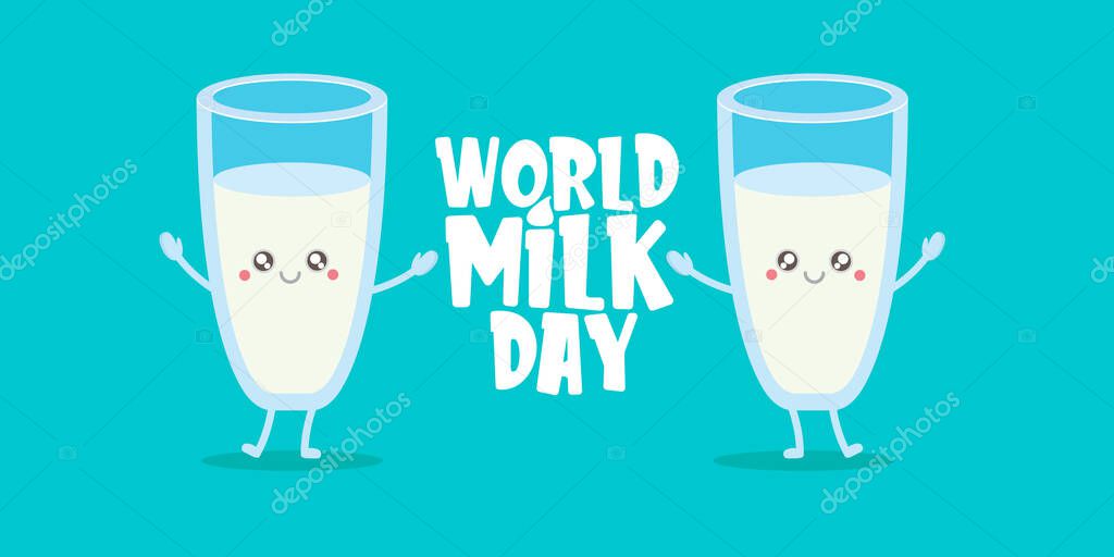 World milk day horizontal banner with funny cartoon cute smiling milk glass character isolated on azure background. Happy milk day concept illustration with Kids kawaii food funky character.