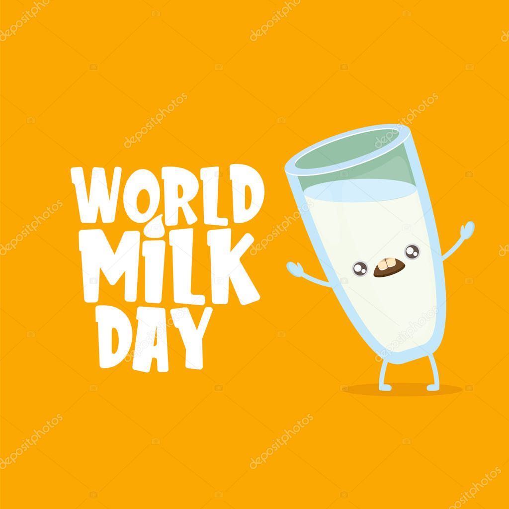 World milk day banner with funny cartoon cute smiling milk glass character isolated on azure background. Happy milk day concept illustration with Kids kawaii food funky character.
