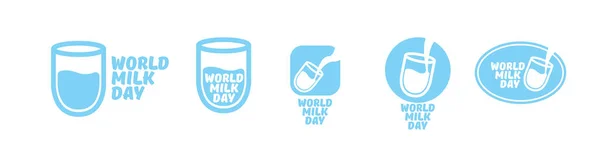 Vector world milk day outline style icons set or label isolated on white background. Milk day greeting poster design template. Milk day logo collection with milk glass — Stock Vector