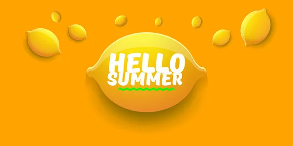 Вектор Hello Summer Beach Party горизонтальный баннер Дизайн шаблон со свежим лимоном изолированы на оранжевом фоне. Этикетка или плакат Hello summer с оранжевыми фруктами и типографским текстом . — стоковый вектор