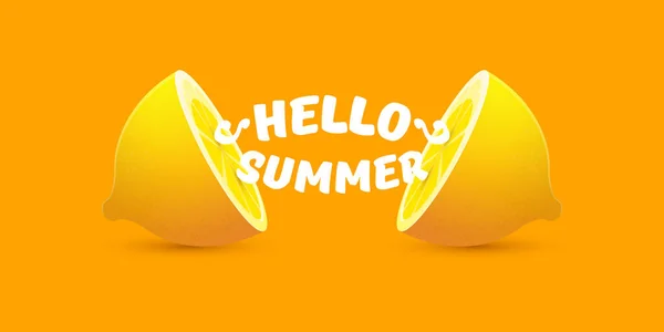 Вектор Hello Summer Beach Party горизонтальный баннер Дизайн шаблон со свежим лимоном изолированы на оранжевом фоне. Этикетка или плакат Hello summer с оранжевыми фруктами и типографским текстом . — стоковый вектор