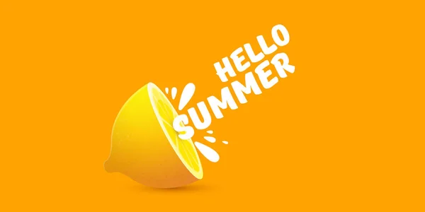 Vector Hello Summer Beach Party baner poziomy Wzór wzoru ze świeżą cytryną izolowane na pomarańczowym tle. Hello Summer etykieta koncepcyjna lub plakat z pomarańczowych owoców i tekstu typograficznego. — Wektor stockowy