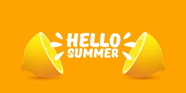 Вектор Hello Summer Beach Party горизонтальный баннер Дизайн шаблон со свежим лимоном изолированы на оранжевом фоне. Этикетка или плакат Hello summer с оранжевыми фруктами и типографским текстом . — стоковый вектор