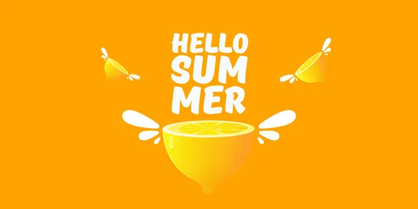 Vector Hello Summer Beach Party banner horizontal Plantilla de diseño con limón fresco aislado sobre fondo naranja. Hola etiqueta concepto de verano o cartel con fruta naranja y texto tipográfico . — Vector de stock